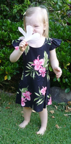 105R - Girls Hawaiian Dress Orchid Fern in Black