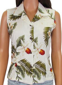 Sleeveless Blouse Hawaiian Orchid White