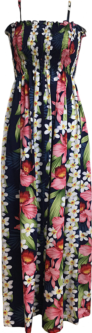 Tube Top Dress Plumeria Orchid Panel Navy