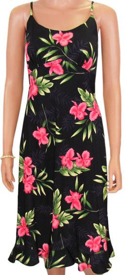 707R-Spaghetti Strap Mid-length Dress Orchid Fern in Black
