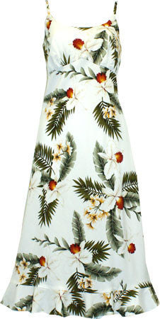 707R-Spaghetti Strap Mid-length Dress Hawaiian Orchid White – Two Palms Aloha Wear Manufacturer