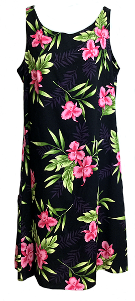 902R-Short Tank Strap Hawaiian Dress Orchid Fern Black
