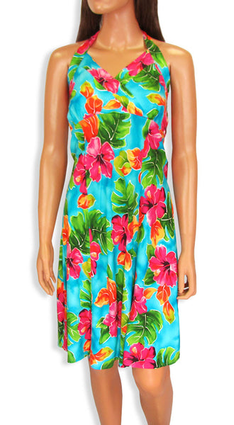 904-1R-Hawaiian Short Halter Dress Hibiscus Watercolor Blue