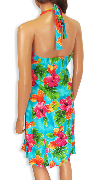 Hawaiian Short Halter Dress Hibiscus Watercolor Blue Two Palms Aloha Wear Manufacturer