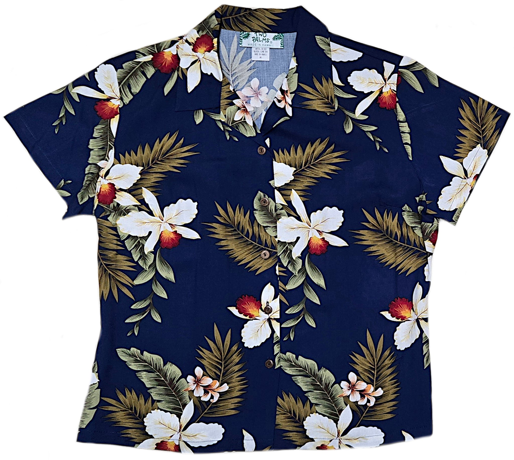 Navy blue with white orchids and green fern leaves.