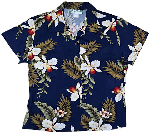 Navy blue with white orchids and green fern leaves.