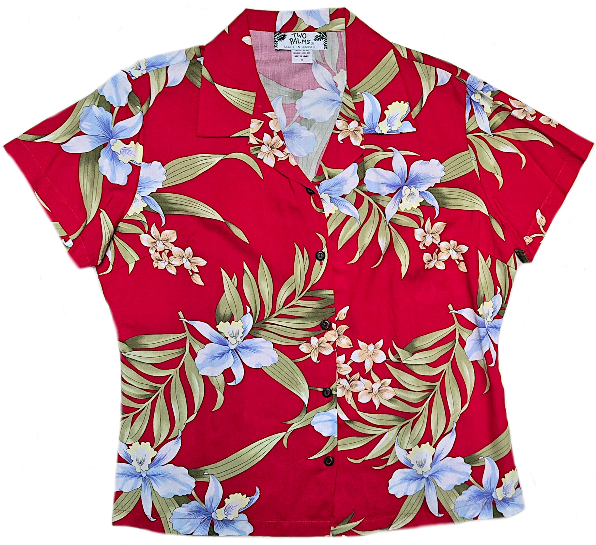 Red floral shirt with blue flowers and green leaves on a white background