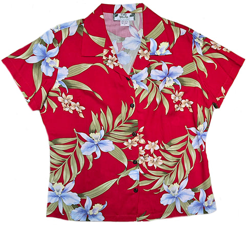 Red floral shirt with blue flowers and green leaves on a white background