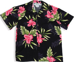 Two Palms Boys Hawaiian Shirt Orchid Fern in Black