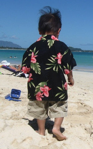 Two Palms Boys Hawaiian Shirt Orchid Fern in Black