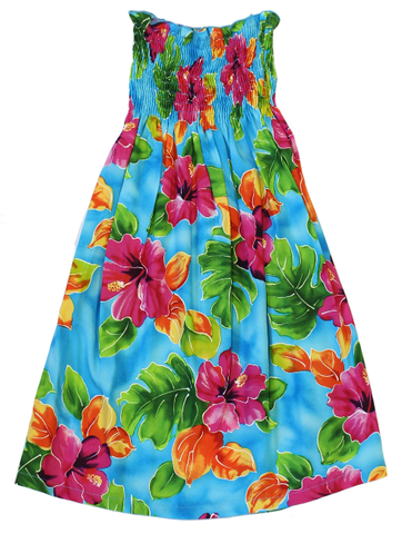 109R - Two Palms Girls Hawaiian Dress Hibiscus Watercolors Blue