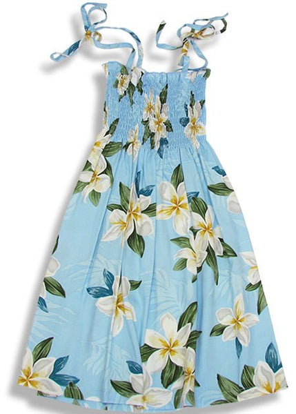 109R - Girls Elastic Tube Top Dress Plumeria Shower Light Blue