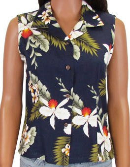 Sleeveless Blouse Hawaiian Orchid Navy