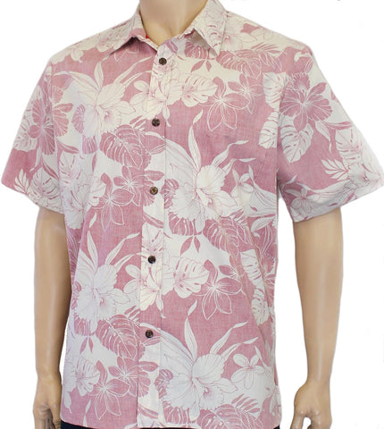 Reverse Print Shirt Monstera Hibiscus Red