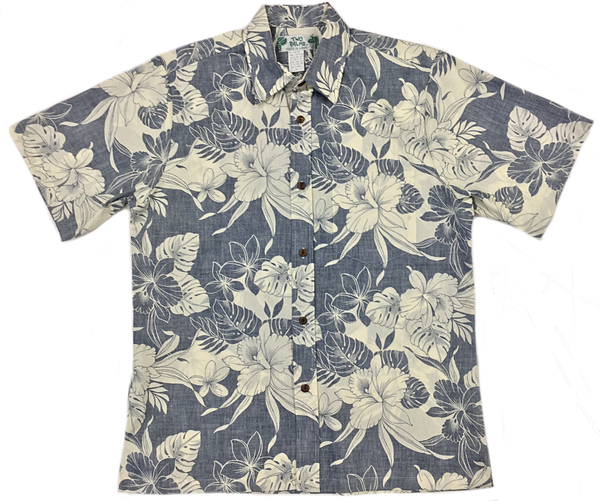Reverse Print Shirt Monstera Hibiscus Navy