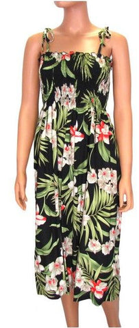 Hawaiian Spaghetti Strap Dress Elastic Tube Top Night Orchid in Black