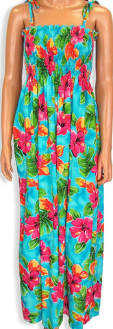 Tube Top Dress Hibiscus Watercolors Blue