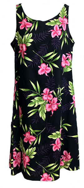 Short Tank Strap Hawaiian Dress Orchid Fern Black-902R – Two Palms ...