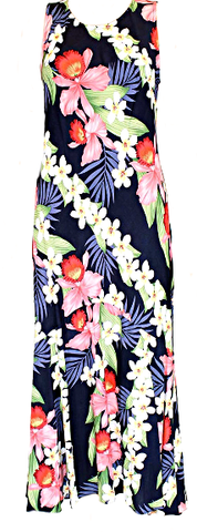 Hawaiian Dress Plumeria Orchid Panel Navy